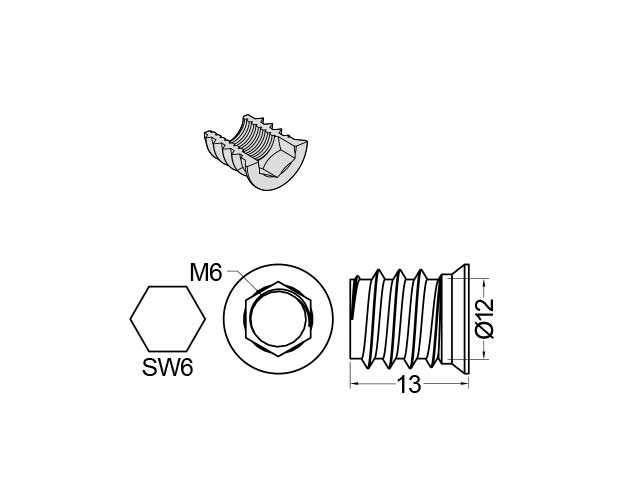 Manguito para roscar Ø8 mm.  Rosca M6