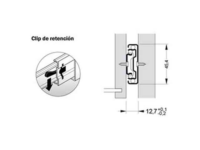 Guía telescópica Push Open. Altura 45 mm. Capacidad de carga 25 kg.