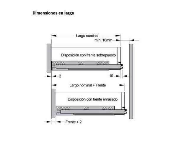 Guía oculta Soft Closing con regulación 3D. Extensión total. Capacidad de carga 30 kg.