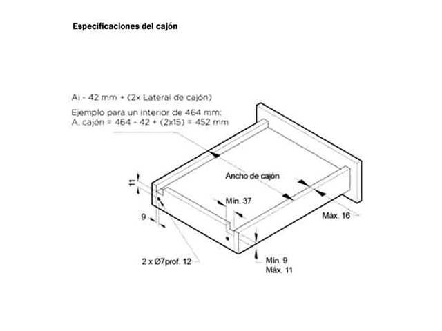 Guía oculta Soft Closing con regulación 3D. Extensión total. Capacidad de carga 30 kg.