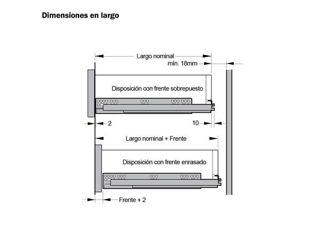 Guía oculta Soft Closing con sistema sincrónico y regulación 3D. Extensión total. Capacidad de carga 40 kg.
