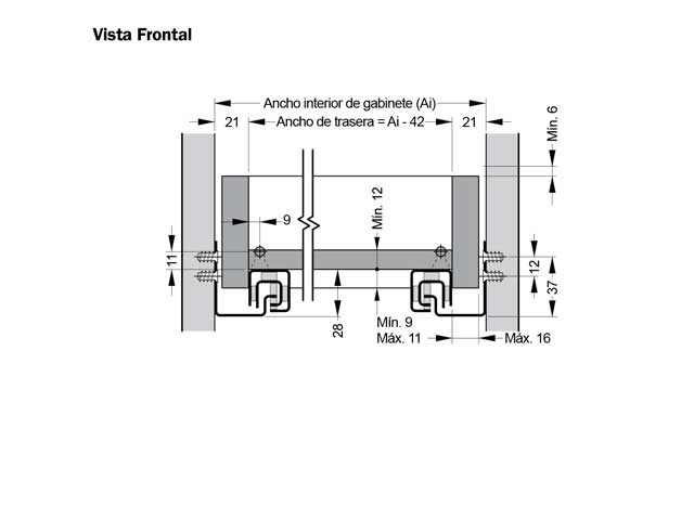 Guía oculta Soft Closing con sistema sincrónico y regulación 3D. Extensión total. Capacidad de carga 40 kg.